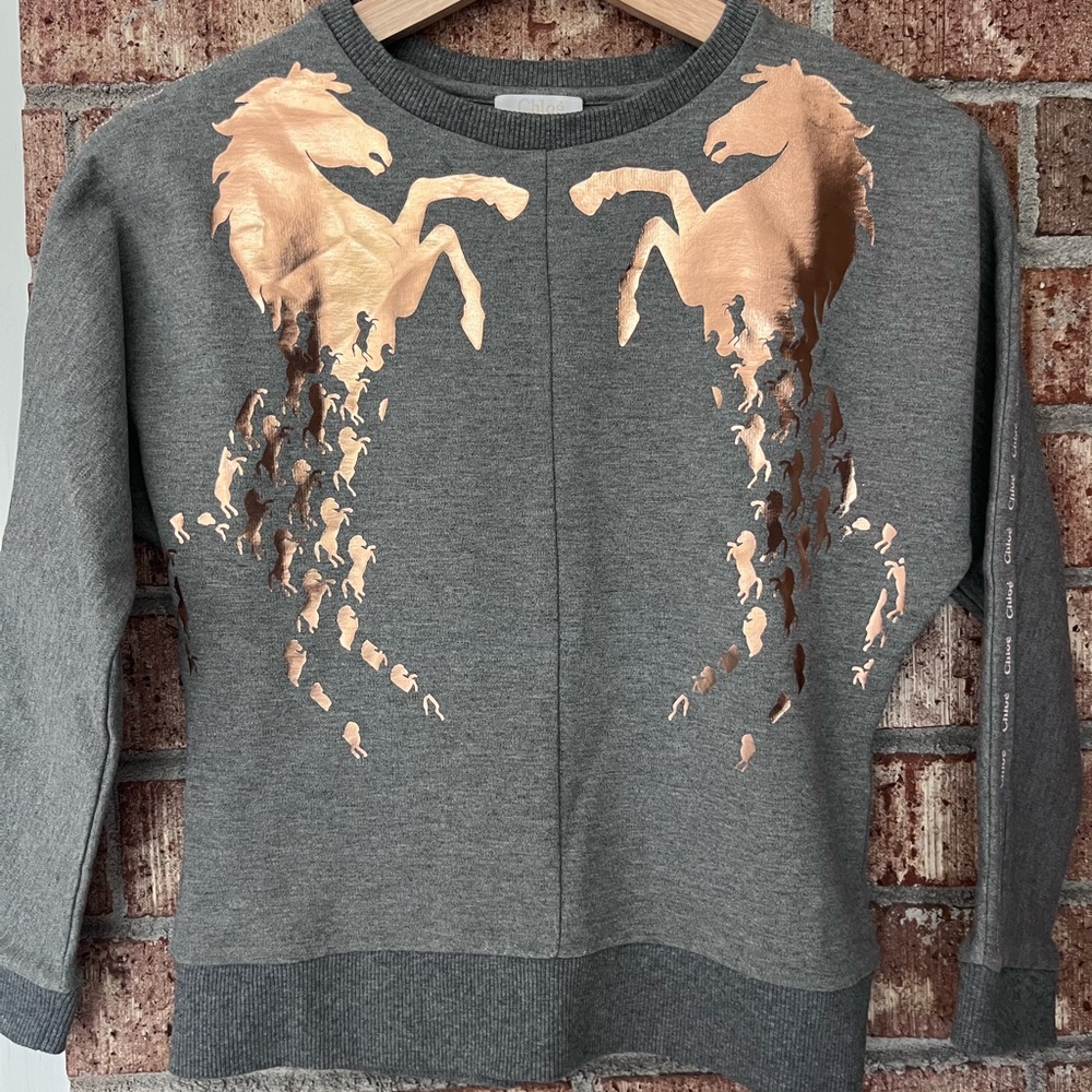 Chloe Girls Gray Sweatshirt with Metallic Rose Gold Horse Design